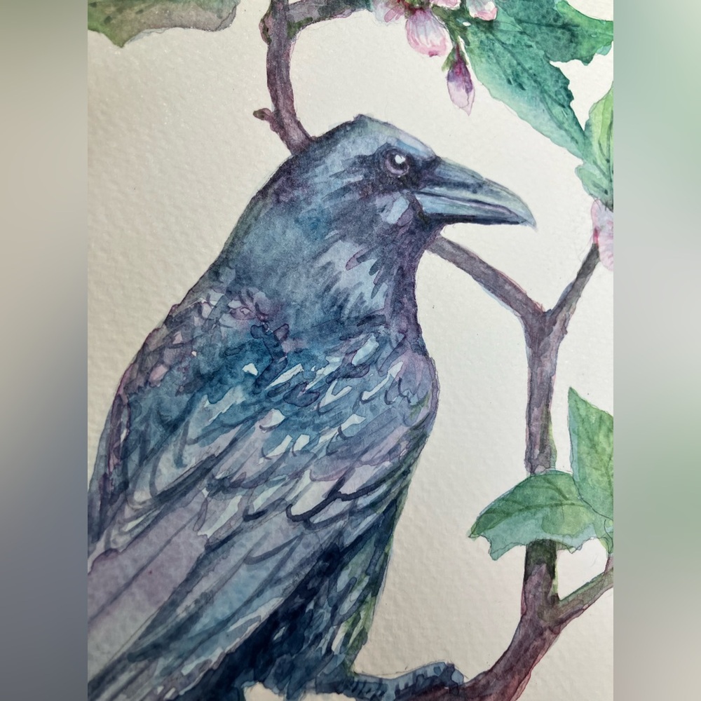 Raven Original painting dogwood floral art watercolor bird blossoms Artettina - Picture 4 of 6